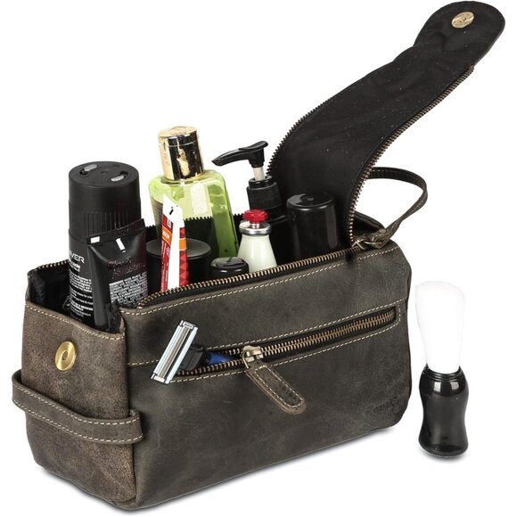 Unisex Charcoal Black Premium Buffalo Leather Toiletry Bag Travel Shaving kit - Picture 6 of 9